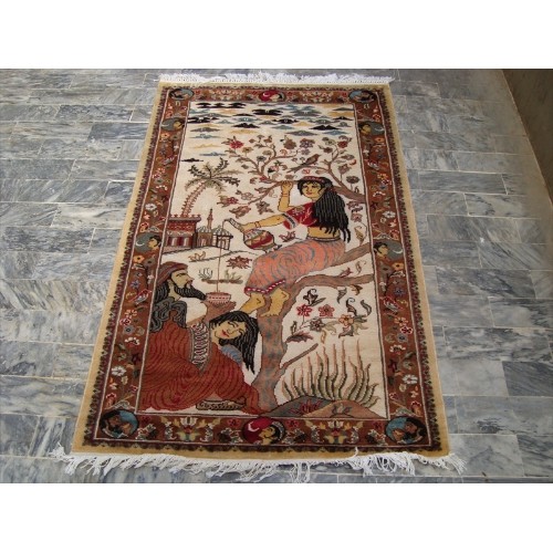 Ahmedani Love Umre Khayam King Queen Love Story Hand Knotted Wall Rug Wool Silk Carpet 4.11' x 3.1' Area Rug - Ivory