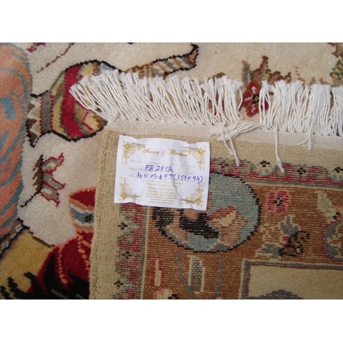 Ahmedani Love Umre Khayam King Queen Love Story Hand Knotted Wall Rug Wool Silk Carpet 4.11' x 3.1' Area Rug - Ivory