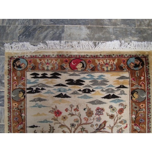 Ahmedani Love Umre Khayam King Queen Love Story Hand Knotted Wall Rug Wool Silk Carpet 4.11' x 3.1' Area Rug - Ivory