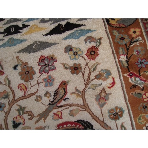 Ahmedani Love Umre Khayam King Queen Love Story Hand Knotted Wall Rug Wool Silk Carpet 4.11' x 3.1' Area Rug - Ivory