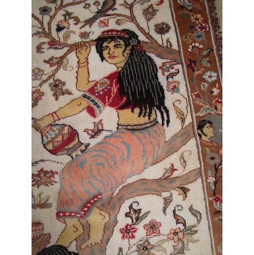 Ahmedani Love Umre Khayam King Queen Love Story Hand Knotted Wall Rug Wool Silk Carpet 4.11' x 3.1' Area Rug - Ivory