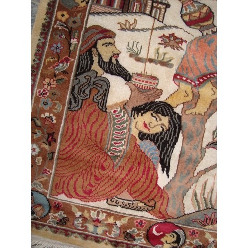 Ahmedani Love Umre Khayam King Queen Love Story Hand Knotted Wall Rug Wool Silk Carpet 4.11' x 3.1' Area Rug - Ivory