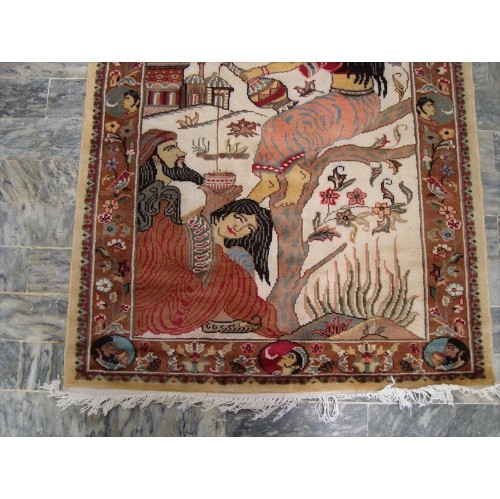 Ahmedani Love Umre Khayam King Queen Love Story Hand Knotted Wall Rug Wool Silk Carpet 4.11' x 3.1' Area Rug - Ivory