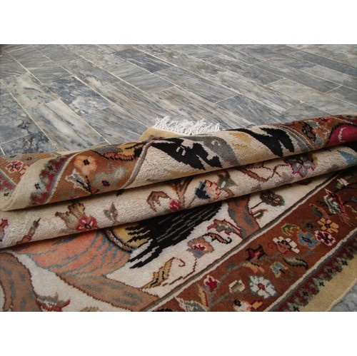 Ahmedani Love Umre Khayam King Queen Love Story Hand Knotted Wall Rug Wool Silk Carpet 4.11' x 3.1' Area Rug - Ivory