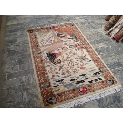 Ahmedani Love Umre Khayam King Queen Love Story Hand Knotted Wall Rug Wool Silk Carpet 4.11' x 3.1' Area Rug - Ivory