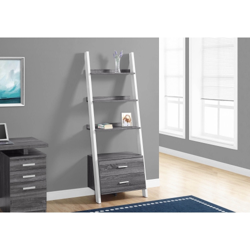 BOOKCASE - 69"H / GREY-WHITE LADDER WITH 2 STORAGE DRAWER