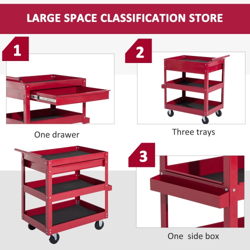 HOMCOM Rolling Tool Cart 3 Tray 1 Drawer Storage Chest Garage Utility Red