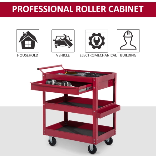 HOMCOM Rolling Tool Cart 3 Tray 1 Drawer Storage Chest Garage Utility Red