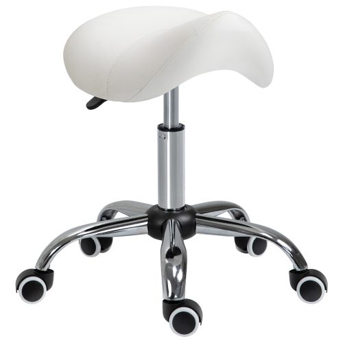 HOMCOM Cosmetic tabouret 360° rotation hauteur réglable fauteuil massage spa salon hydraulique roulette similicuir selle mobilité, blanc crème