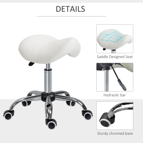 HOMCOM Cosmetic Stool 360° Rotate Height Adjustable Salon Massage Spa Chair Hydraulic Rolling Faux Leather Saddle Stool Mobility, Cream White