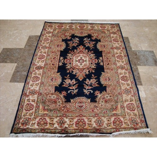 Ahmedani Floral Oriental Rug Hand Knotted Wool Silk Carpet 6.1' x 4.2' Area Rug - Mid Night Blue