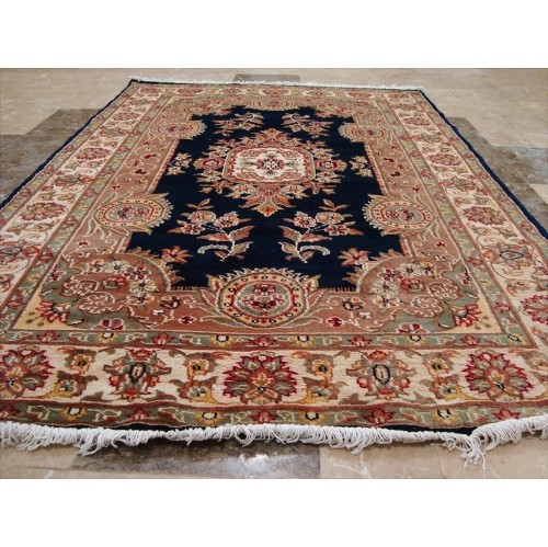 Ahmedani Floral Oriental Rug Hand Knotted Wool Silk Carpet 6.1' x 4.2' Area Rug - Mid Night Blue