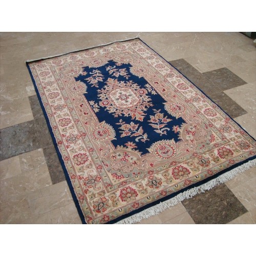 Ahmedani Floral Oriental Rug Hand Knotted Wool Silk Carpet 6.1' x 4.2' Area Rug - Mid Night Blue