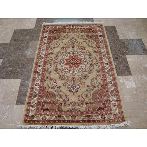 Ahmedani Wow Cream Ivory Floral Oriental Hand Knotted Wool Silk Carpet 4.11' x 3.0' Area Rug - Cream/Ivory