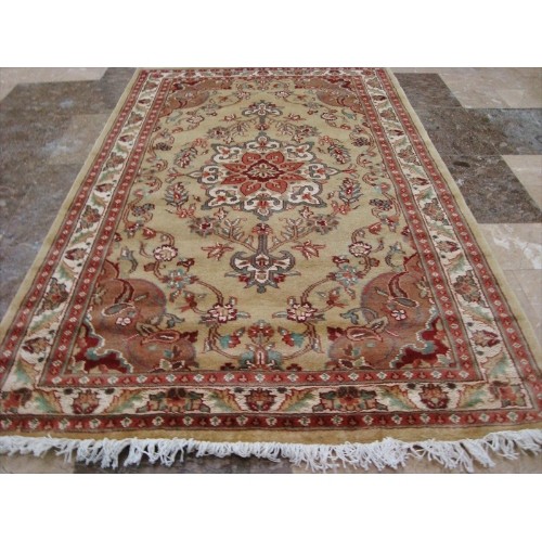 Ahmedani Wow Cream Ivory Floral Oriental Hand Knotted Wool Silk Carpet 4.11' x 3.0' Area Rug - Cream/Ivory