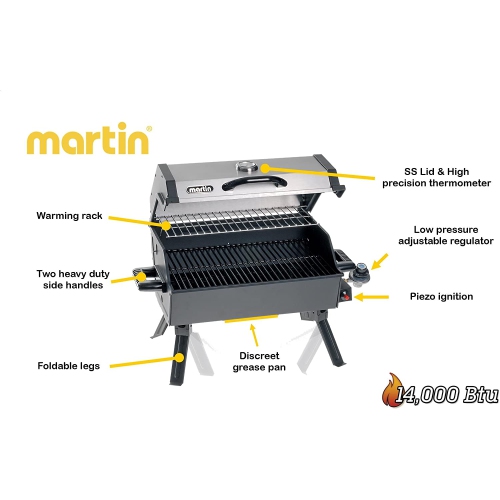 Martin Portable BBQ Grill - 14,000 BTU Tabletop Propane Gas Barbecue with Folding Legs and Lid for Outdoors, Camping, Parks, Backyard, RV