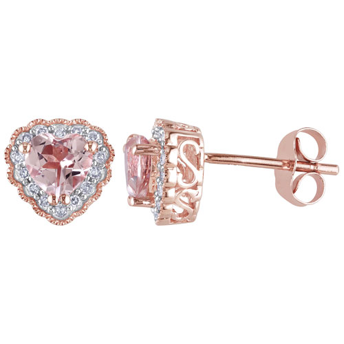 Halo Stud Earrings in 10K Pink Gold with 0.098ctw Round Diamonds & Pink Heart Morganite