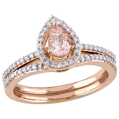 Drop Engagement Ring in 10K Pink Gold with .005ctw Diamonds and Pink Drop Morganite - Size 7
