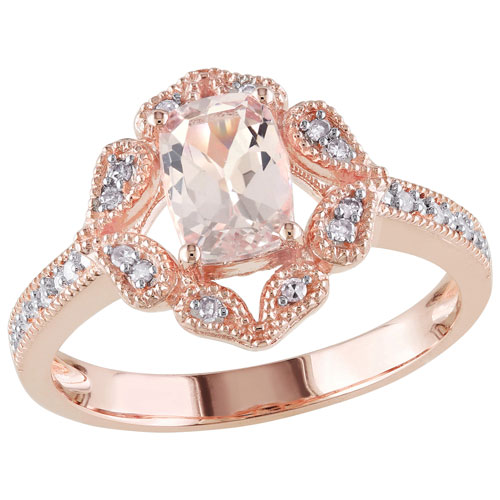 Floral Ring in 10K Pink Gold with Pink Cushion Morganite & 0.005ctw Diamonds - Size 7