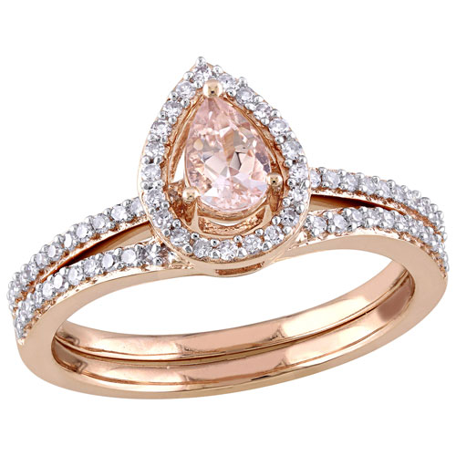 Drop Engagement Ring in 10K Pink Gold with .005ctw Diamonds and Pink Drop Morganite - Size 8