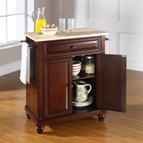 Crosley Cambridge Natural Wood Top Portable Kitchen Island in Mahogany