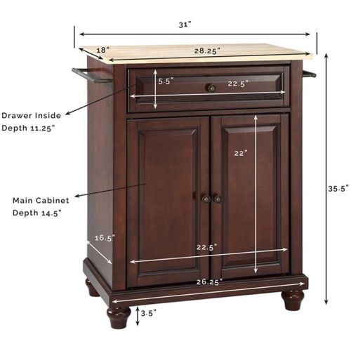 Crosley Cambridge Natural Wood Top Portable Kitchen Island in Mahogany