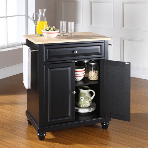 Crosley Cambridge Natural Wood Top Portable Kitchen Island in Black