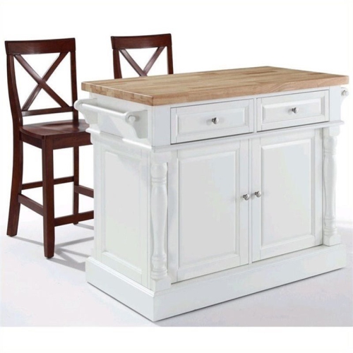 CROSLEY FURNITURE  Oxford Butcher Block Top Kitchen Island With X Back Stools In In White