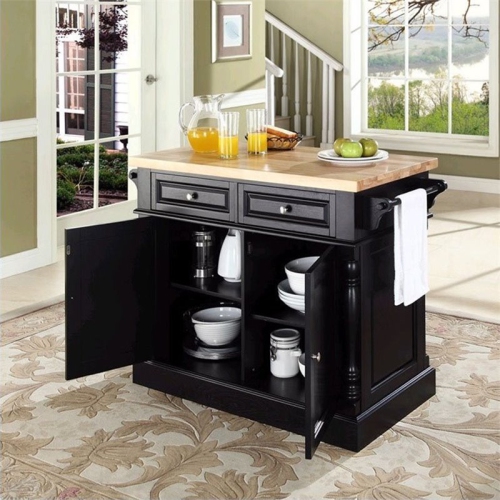 Crosley Oxford Butcher Block Top Kitchen Island in Black