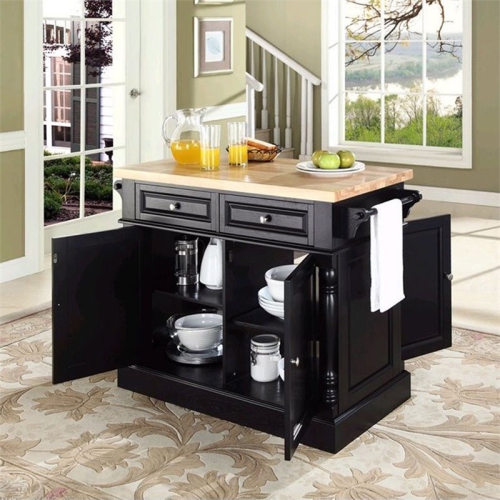 Crosley Oxford Butcher Block Top Kitchen Island in Black