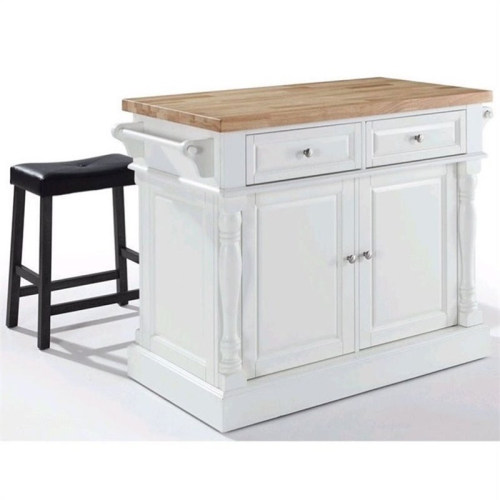 Crosley Oxford Butcher Block Top Kitchen Island with Saddle Stools in White