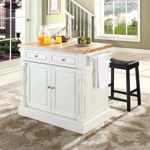 Crosley Oxford Butcher Block Top Kitchen Island with Saddle Stools in White