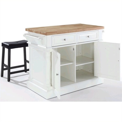Crosley Oxford Butcher Block Top Kitchen Island with Saddle Stools in White