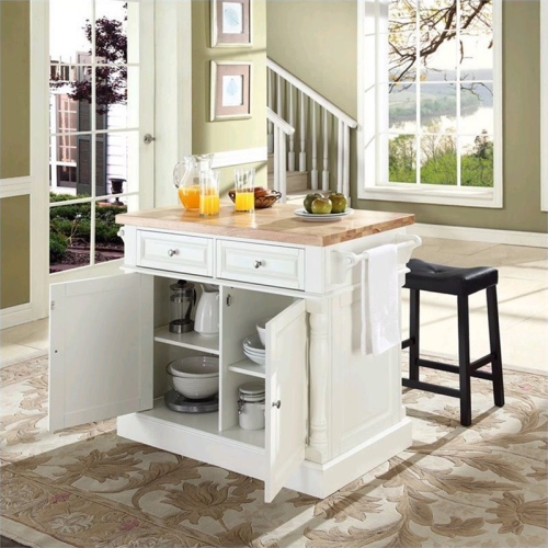 Crosley Oxford Butcher Block Top Kitchen Island with Saddle Stools in White