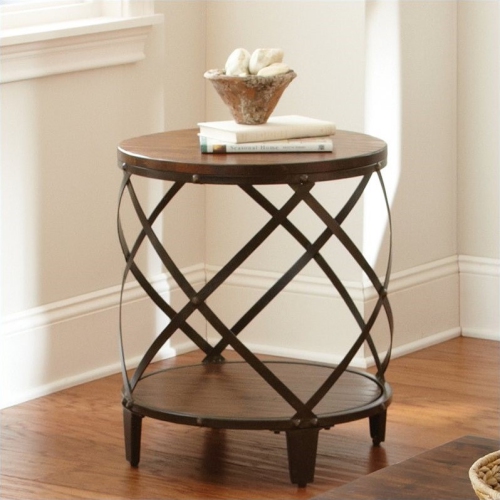 STEVE SILVER COMPANY Winston Round Wood And Metal End Table In Distressed Brown Tobacco