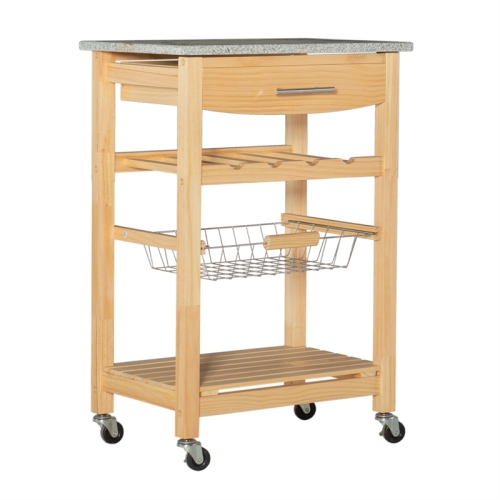 Linon Natalie Wood and Granite Top Kitchen Cart in Natural Brown