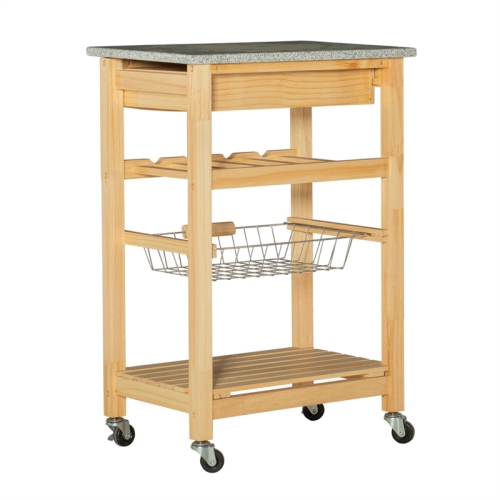 Linon Natalie Wood and Granite Top Kitchen Cart in Natural Brown