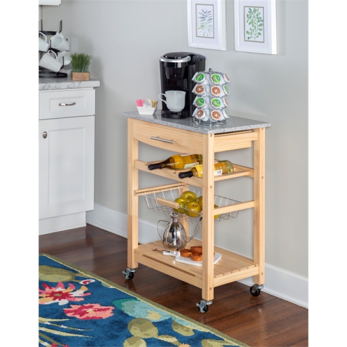 Linon Natalie Wood and Granite Top Kitchen Cart in Natural Brown