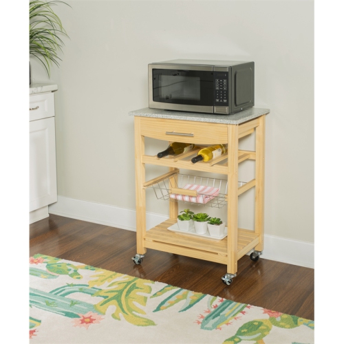 Linon Natalie Wood and Granite Top Kitchen Cart in Natural Brown