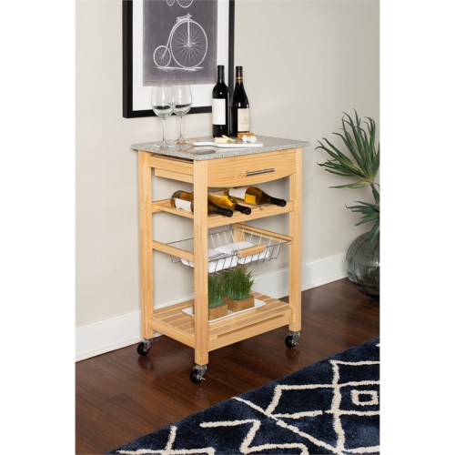Linon Natalie Wood and Granite Top Kitchen Cart in Natural Brown
