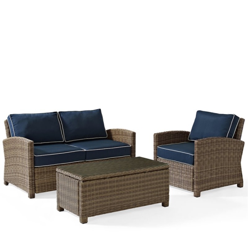 CROSLEY FURNITURE  Bradenton 3 Piece Wicker Patio Sofa Set In And Navy In Brown