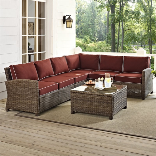 Crosley Bradenton 5 Piece Wicker Patio Sectional Set in Brown and Sangria