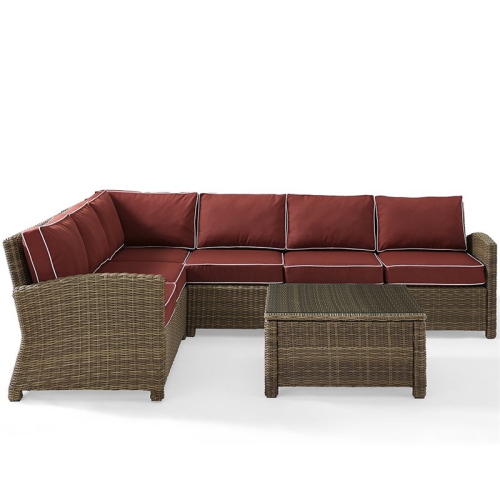 Crosley Bradenton 5 Piece Wicker Patio Sectional Set in Brown and Sangria