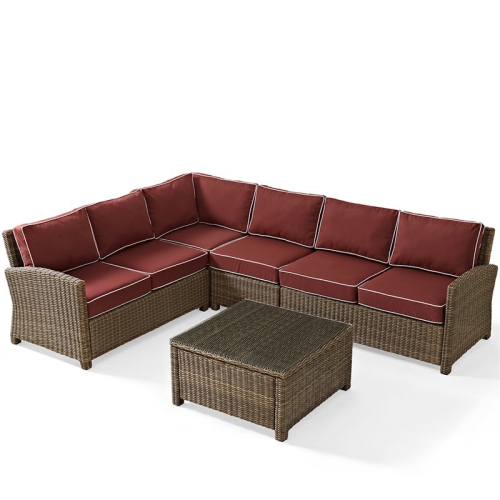Crosley Bradenton 5 Piece Wicker Patio Sectional Set in Brown and Sangria