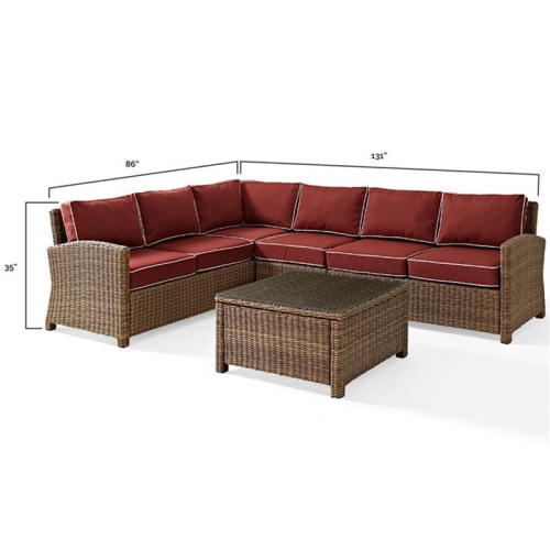 Crosley Bradenton 5 Piece Wicker Patio Sectional Set in Brown and Sangria