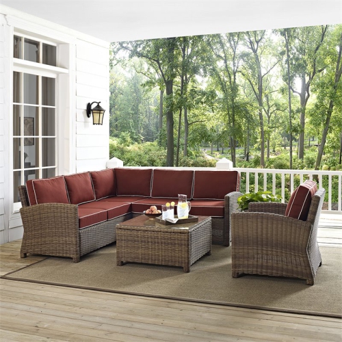 Crosley Bradenton 5 Piece Wicker Patio Sectional Set in Brown and Sangria