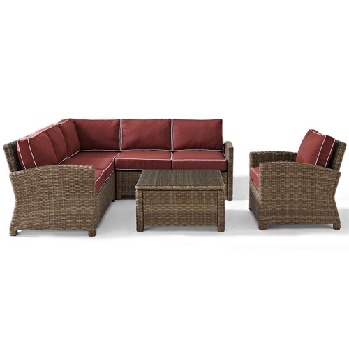 Crosley Bradenton 5 Piece Wicker Patio Sectional Set in Brown and Sangria