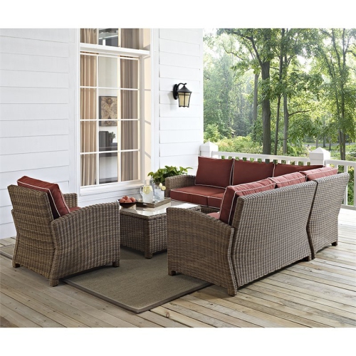 Crosley Bradenton 5 Piece Wicker Patio Sectional Set in Brown and Sangria