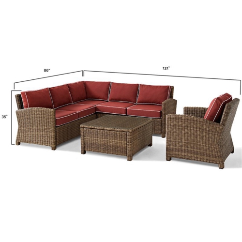Crosley Bradenton 5 Piece Wicker Patio Sectional Set in Brown and Sangria