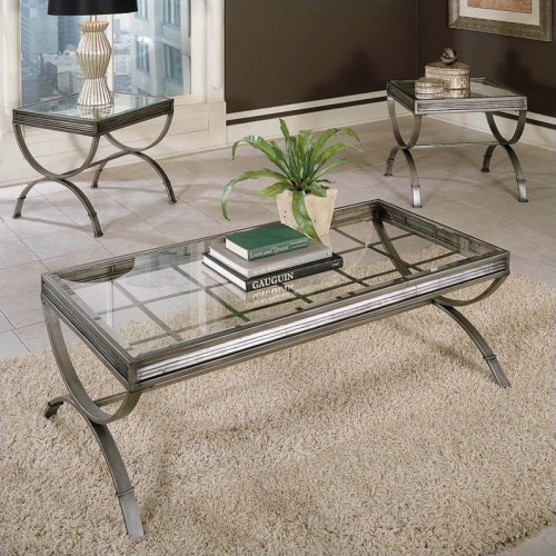 STEVE SILVER COMPANY Emerson 3 Piece Coffee And End Table Set In Nickel Metal Finish And Glass Top